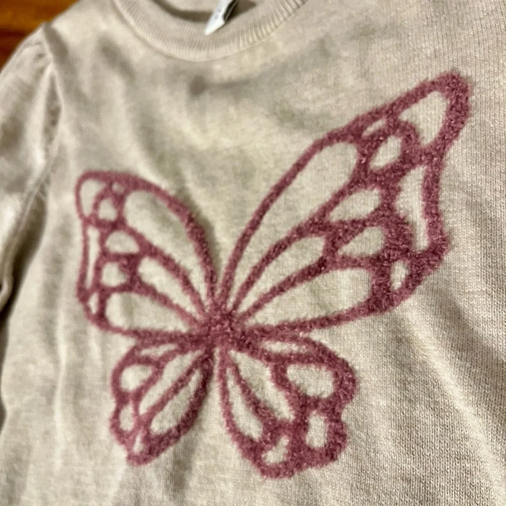 Janie and Jack Butterfly Puff Sleeve Sweater Cream Cotton Jersey Mauve Textured